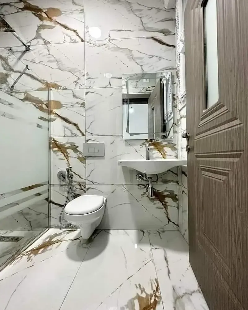 Guest bathroom with custom vanity and mosaic floor